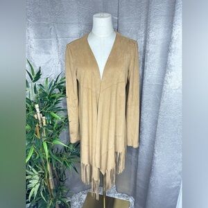 Zara Women’s Tan Faux Suede Fringe Open-Front Cardigan Sz Small